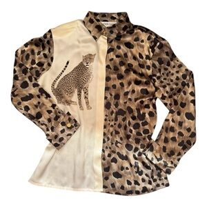Y2K PAOLO SANTINI 100% Silk Blouse - Leopard Graphic Print - Women’s Size 14